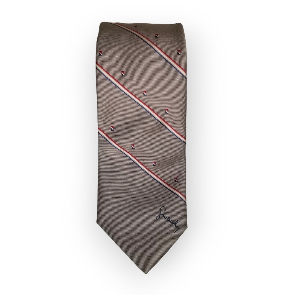 Givenchy vintage neck tie gray red white blue stripes spell out Luxury